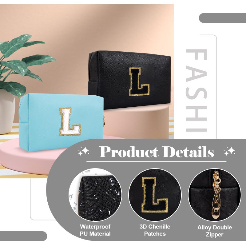 ChaoGreat Personalized Initial A-Z Preppy Patch Makeup Bag Small PU Chenille Letter Cosmetic Bag with Zipper for Teen Girls Black Cute Toiletry Organizer Bag Monogram Makeup Case Gift for Women Girls Letter L - Image 3